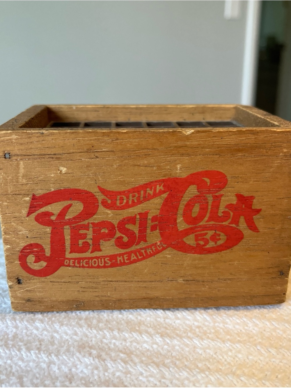 Vintage Pepsi-Cola Mini Wooden Crate Pen Holder with Red Logo
